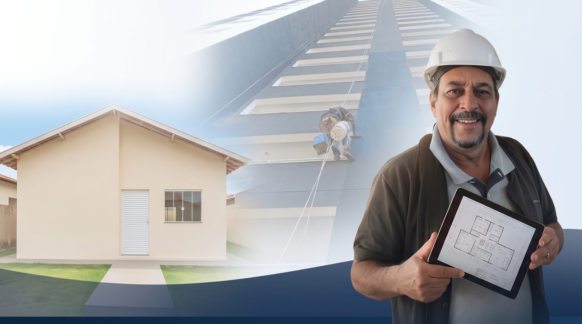Engenheiro da RNV com prancheta digital, ao fundo estrutura predial e pintor trabalhando em altura